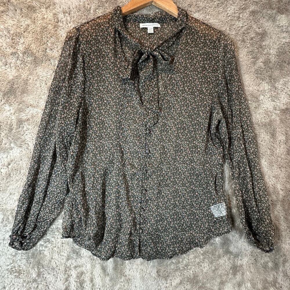 American Eagle Sheer Ditsy Floral Blouse Top Tie Neck Bow M Medium